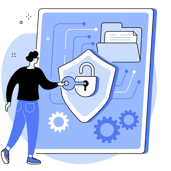 An animation of a man unlocking a digital lock.