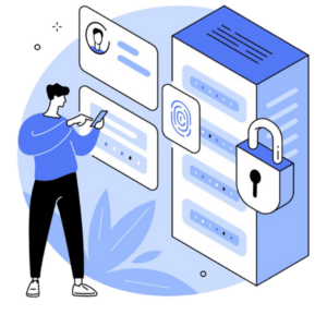 An animation of a man monitoring posts and profiles.