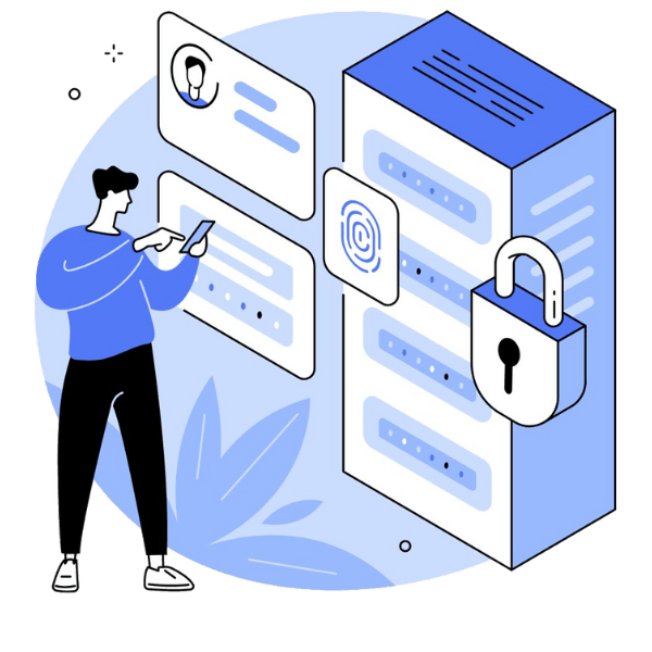 An animation of a man monitoring posts and profiles.
