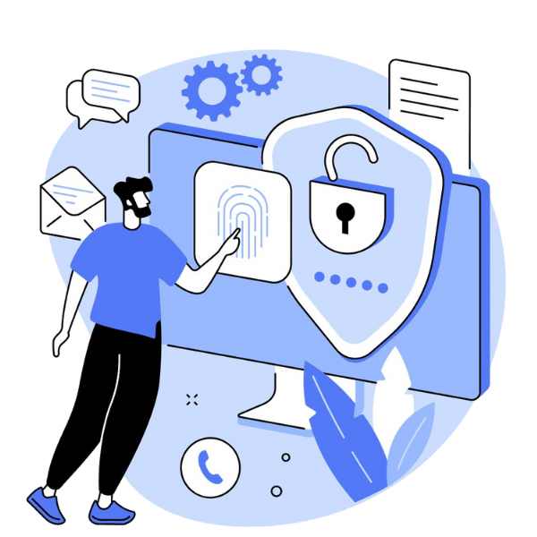 An animation of a man digitally unlocking a computer.